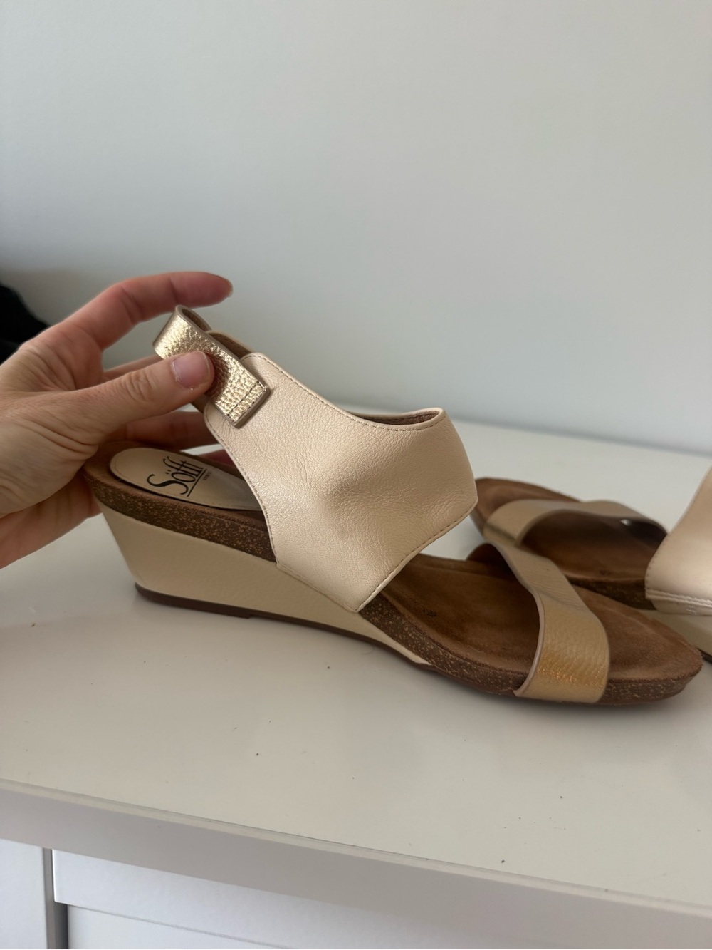 Sofft Cream and Gold Wedge Sandals